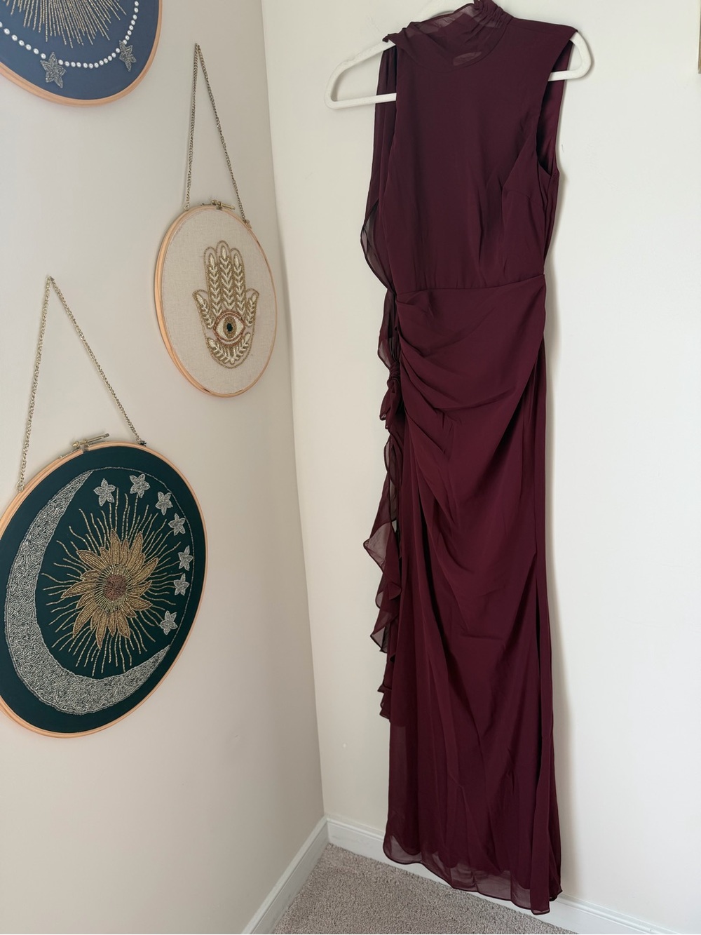 Camila Coelho Burgundy Sleeveless over the shoulder Ruffle maxi dress